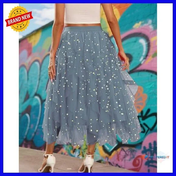 Tulle A-Line Midi Skirt High Elastic Waist Tiered Fairy Style - Picture 4 of 8